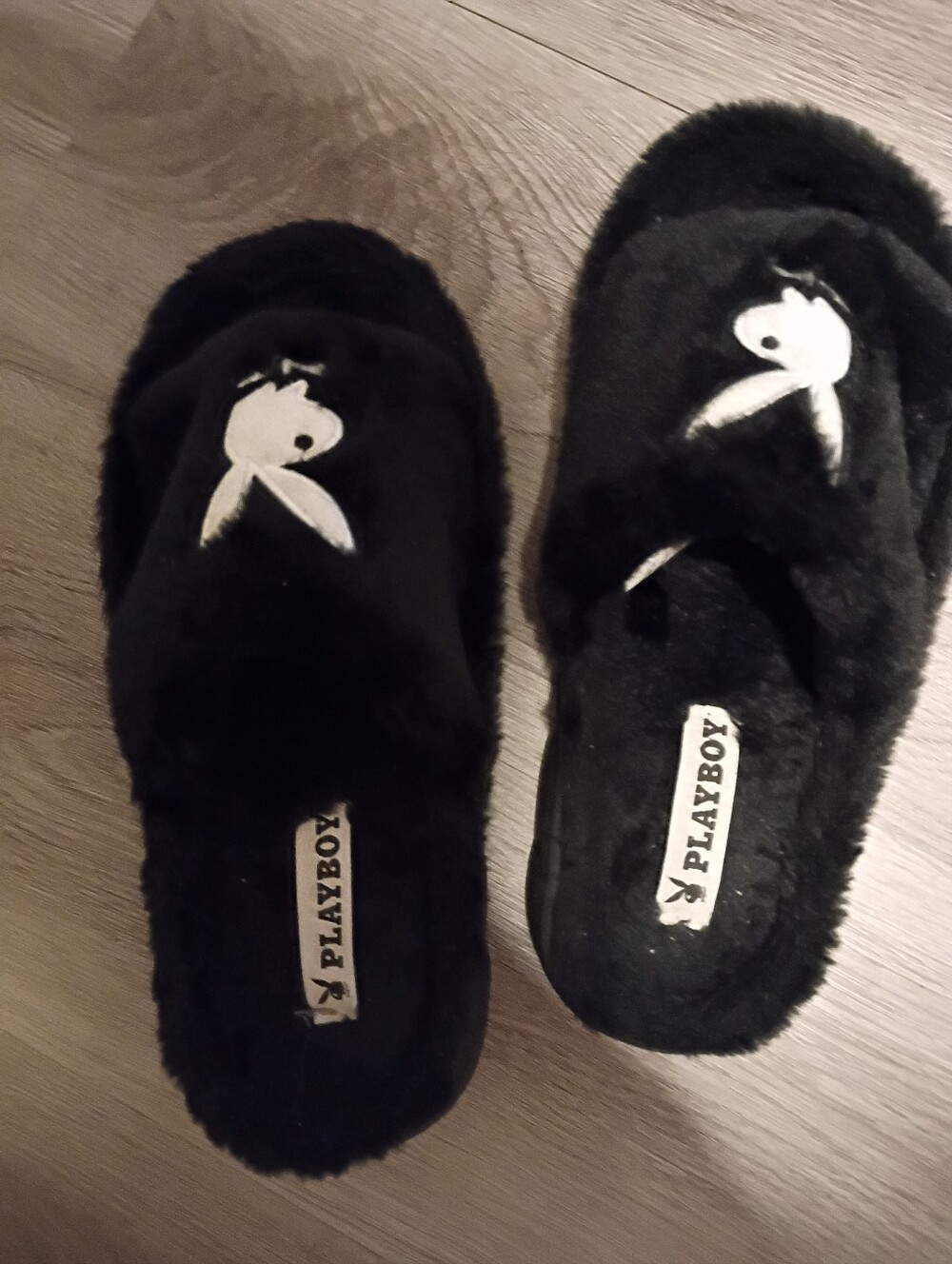 PLAYBOY Black Fuzzy Slide Slippers with White Logo